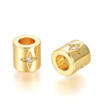 Perle, large tube, doré or fin qualité avec étoile zircon 6x6mm trou: 3mm (1)