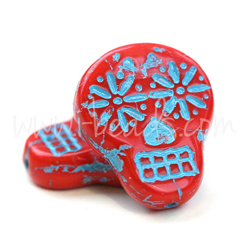Achat Perles en verre de Bohême tête de mort rouge et bleu neon fluo 15x19mm (2)