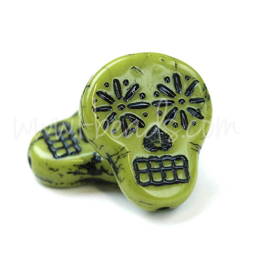 Achat Perles en verre de Bohême tête de mort vert et noir 15x19mm (2)