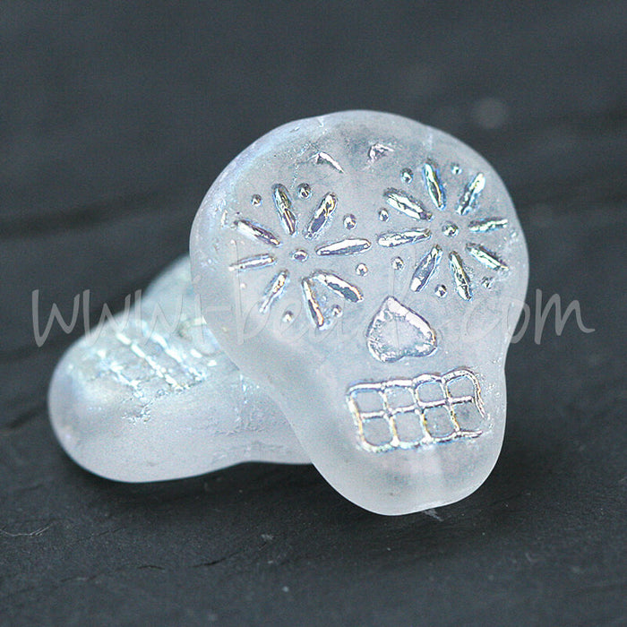 Perles en verre de Bohême tête de mort crystal opaque et AB 15x19mm (2)