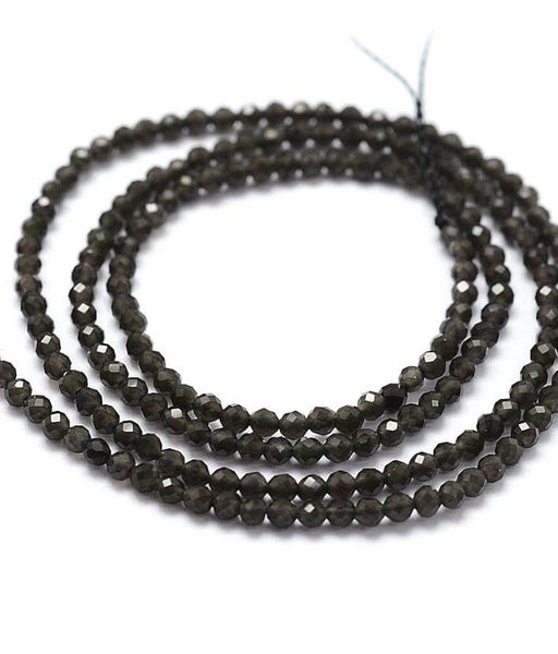 Perles noires obsidienne à facettes, 2mm, Trou: 0.5mm, 165 pcs/fil, (38 cm) (1)