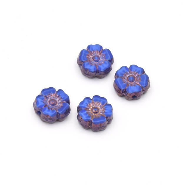 Perles en verre de Bohême fleur d'hibiscus Bleu roi et bronze 10mm (4)