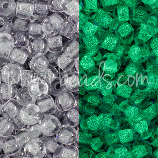 cc2725 - perles de rocaille Toho 11/0 Glow in the dark gray crystal/bright green (10g)