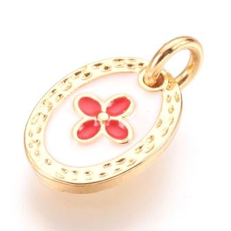 Charm, pendentif médaille en laiton doré et émail blanc avec croix rouge- 9mm + anneau (1)