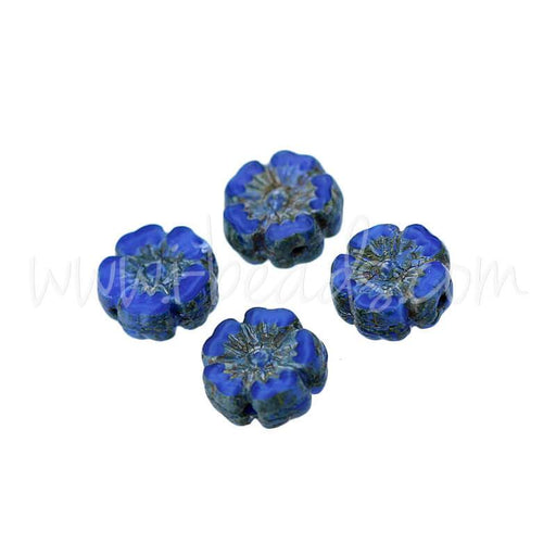 Achat Perles en verre de Bohême fleur d&#39;hibiscus bleu et picasso 10mm (4)