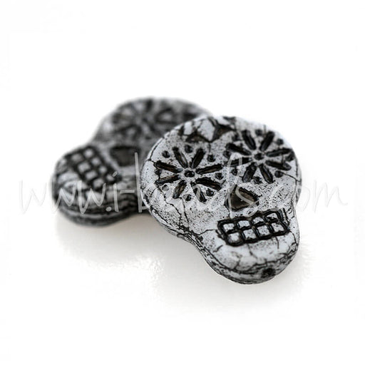 Perles en verre de Bohême tête de mort gris et noir 15x19mm (2)