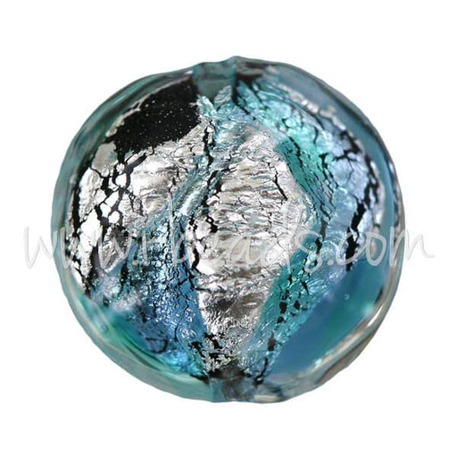 Achat Perle de Murano bombée bleu et argent 14mm (1)