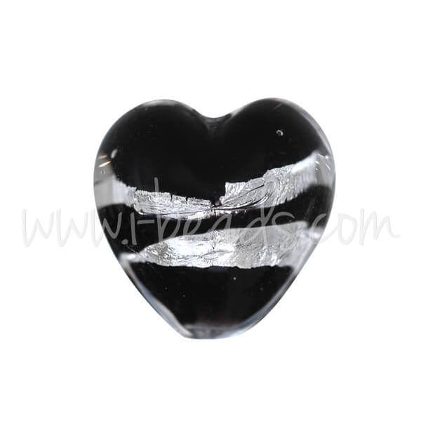 Perle de Murano coeur noir et argent 10mm (1)